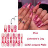 Picture of RUOKEXIN Valentine Pink Press on Nails Long Square Fake Nails French Tip False Nails with Heart Designs Sparkly Artificial Nails Valentine Day Glue on Nails Cute Stick on Nails for Women 24Pcs