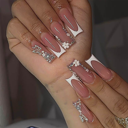 Picture of RUOKEXIN Long Square Press on Nails White French Tip Fake Nails Nude Full Cover Glue on Nails with 3D Butterfly Heart Designs Long Square Nail Press ons Sparkly Cute Stick on Nails for Women 24Pcs