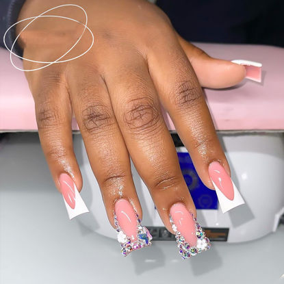 Picture of RUOKEXIN Duck Nails Press on Long Press on Nails White French Tip Fake Nails Coffin False Nails with Rhinestones Designs Pink Glue on Nails Glossy Artificial Nails Natural Stick on Nails for Women
