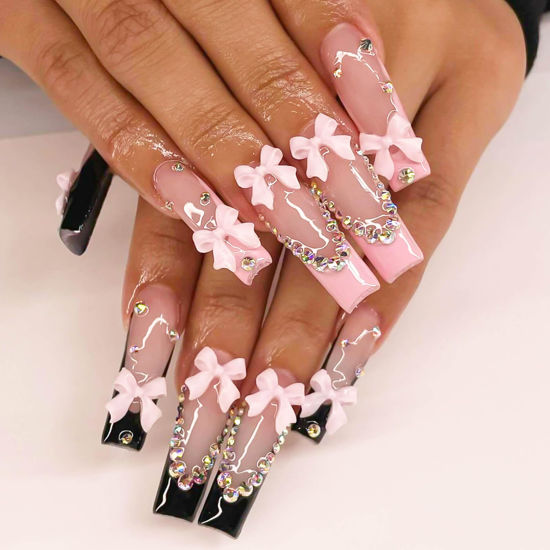 Picture of RUOKEXIN Long Square Press on Nails French Tip Fake Nails Pink Black False Nails with Bow Rhinestones Designs Long Square Glue on Nails Sparkly Artificial Nails Cute Stick on Nails for Women 24Pcs