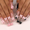 Picture of RUOKEXIN Long Square Press on Nails French Tip Fake Nails Pink Black False Nails with Bow Rhinestones Designs Long Square Glue on Nails Sparkly Artificial Nails Cute Stick on Nails for Women 24Pcs