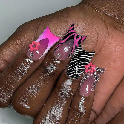 Picture of RUOKEXIN Long Nail Press ons Long Press on Nails Pink Ombre French Fake Nails Duck False Nails with Rhinestones Designs Long Glue on Nails Glossy Artificial Nails Cute Stick on Nails for Women 24Pcs