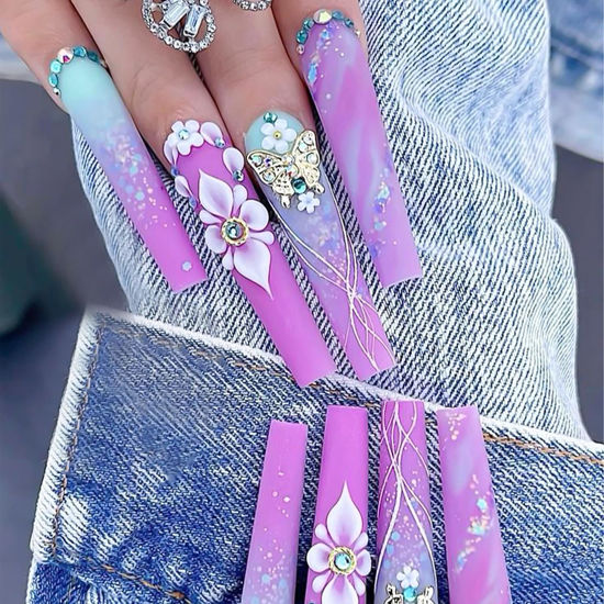 Picture of RUOKEXIN Long Press on Nails Coffin Fake Nails Purple False Nails with 3D Gold Butterfly Rhinestones Designs Glossy Nail Press ons Acrylic Artificial Nails Summer Stick on Nails for Women 24Pcs