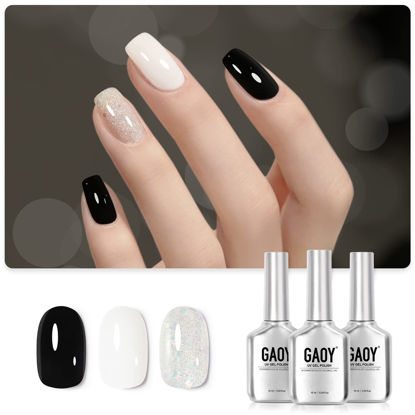 Picture of GAOY Gel Nail Polish Kit, 3 Colors Black Milky White Jelly Glitter, Sheer Clear Soak Off UV Gel Polish Set - Evening Lights