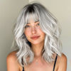 Picture of Nnzes Ombre Silver Wig with Bangs for Women White Bob Wavy Charming Synthetic Wigs with Natural Shoulder Length Curly Heat Resistant Hair for Daily Party Use