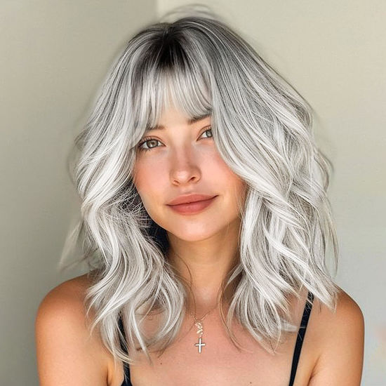 Picture of Nnzes Ombre Silver Wig with Bangs for Women White Bob Wavy Charming Synthetic Wigs with Natural Shoulder Length Curly Heat Resistant Hair for Daily Party Use