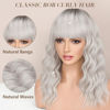 Picture of Nnzes Ombre Silver Wig with Bangs for Women White Bob Wavy Charming Synthetic Wigs with Natural Shoulder Length Curly Heat Resistant Hair for Daily Party Use
