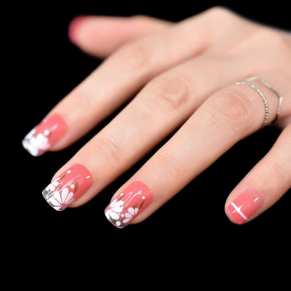 Picture of Summber White Flowers French Tip Press On Nails Square - Coolnail Semi-Transparent Pink Fake Nails Medium, Glue On False Nails with Jelly Nail Glue, Supremely Fit & Natural Reusable Stick On Nails