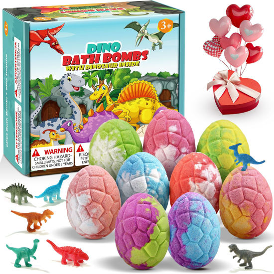 Picture of Qivatex Bath Bombs for Kids with Dinosaur Toys Inside, Valentines Day Gifts for Kids, 9 Pack Natural and Organic Dinosaur Bath Bombs Bubble Bath Gift Set, Perfect Birthday Gifts for Kids 3-12