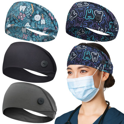 Picture of ABAMERICA Headbands with Button for Mask, Wide Nurses Headbands Non Slip Elastic Ear Protection for Women Men Doctors Sweatband Headband