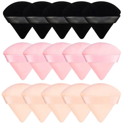 Picture of Pimoys 15 Pieces Powder Puff Face Soft Triangle Makeup Velour Puff, Beauty Sponge for Loose Powder and Cosmetic Foundation, Blender Makeup Tool (Black, Pink, Flesh)