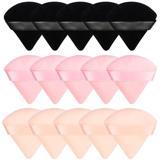 Picture of Pimoys 15 Pieces Powder Puff Face Soft Triangle Makeup Velour Puff, Beauty Sponge for Loose Powder and Cosmetic Foundation, Blender Makeup Tool (Black, Pink, Flesh)