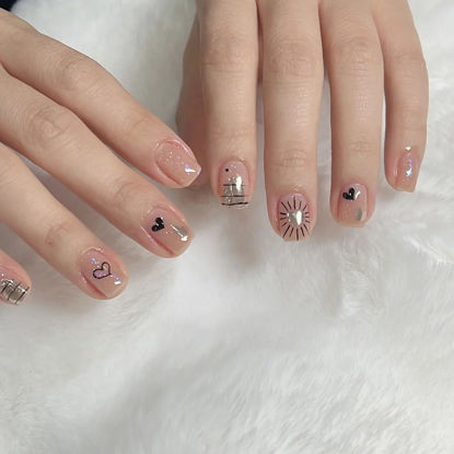 Picture of 24Pcs Valentines Press on Nails Short Square Fake Nails Black Heart False Nails with Designs Short Acrylic Nails Cute Hearts Glue on Nails Full Cover Valentines Day Stick on Nails for Women Girls