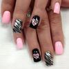 Picture of 24Pcs Valentine Press on Nails Short Fake Nails with Heart Lines Designs Pink Black Silver False Nails Square Glossy Glue on Nails Cute Pink Heart Acrylic Nails Valentines Stick on Nails for Women