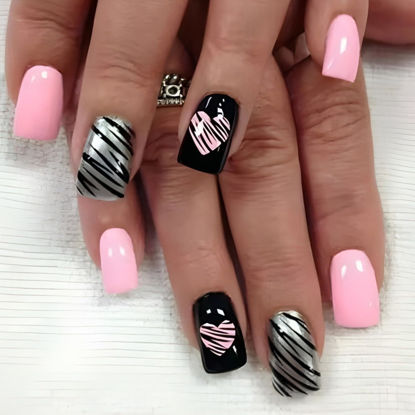 Picture of 24Pcs Valentine Press on Nails Short Fake Nails with Heart Lines Designs Pink Black Silver False Nails Square Glossy Glue on Nails Cute Pink Heart Acrylic Nails Valentines Stick on Nails for Women