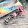 Picture of 24Pcs Valentine Press on Nails Short Fake Nails with Heart Lines Designs Pink Black Silver False Nails Square Glossy Glue on Nails Cute Pink Heart Acrylic Nails Valentines Stick on Nails for Women