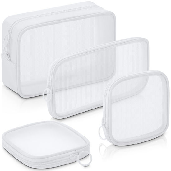 Picture of Weewooday 4 Pcs Mesh Makeup Bag Mesh Cosmetic Bag Travel Toiletry Bag Pouch with Zipper Mini Portable Makeup Cosmetic Travel Toiletry Purse Bag for Daily Accessories (White,Small, Large, Medium)
