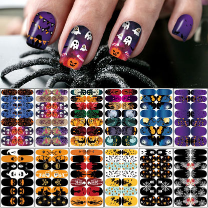Picture of 12 Sheets Halloween Full Nail Wraps Stickers, Nail Polish Strips DIY Self-Adhesive Nail Art Decals Pumpkin Bat Ghost Spider Skull Pattern with 2 Piece Nail Files for Party Decor (168 Pieces)