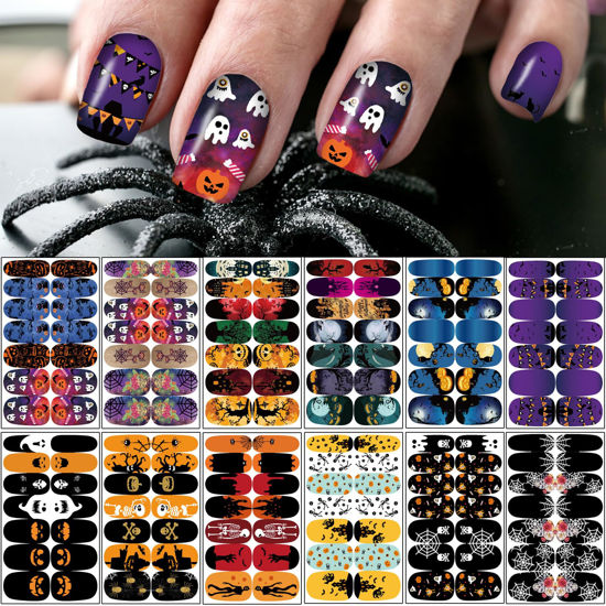 Picture of 12 Sheets Halloween Full Nail Wraps Stickers, Nail Polish Strips DIY Self-Adhesive Nail Art Decals Pumpkin Bat Ghost Spider Skull Pattern with 2 Piece Nail Files for Party Decor (168 Pieces)