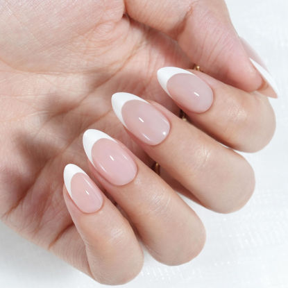 Picture of French Tip Press on Nails Almond, Jofay Fashion Soft Gel Fake Nails, Classic French Manicure Nails, Reusable & Natural Acrylic False Nails, Stick on Nails for Women Girls Gift, Glue on Nails Kit 32Pcs