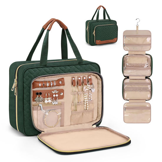 Picture of Wedama Toiletry Bag for Women, Hanging Travel Toiletry Bag with Jewelry Organizer Compartment Large Makeup Bag, PVC Waterproof Cosmetic Travel Bag Trips Camping Bathroom, Dark Green