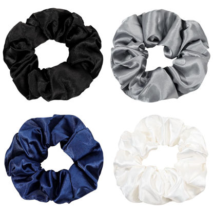 Picture of Ivyu Scrunchies, 4 Pack Silk Scrunchy for Girls Women Cute Hairties Hair Accessories Soft Ropes Ponytail Holder, White, Black, Navy, Gray
