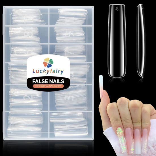 Picture of Luckyfairy Extra Long Square Nail Tips, XXL 120Pcs 12 Sizes No C Curve Clear Acrylic Nails Straight Tapered Square Press on False Nail Tips for Nail Extension Nail Art Salon Home DIY