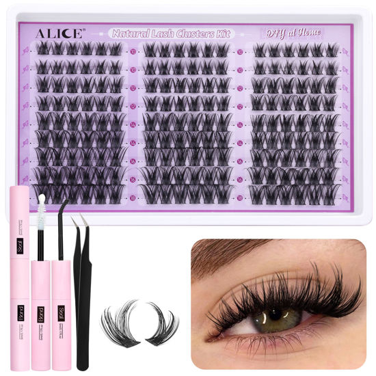 Picture of ALICE Wispy Lash Clusters Kit Natural Fluffy Lash Extension Kit Cluster Eyelash Extension Kit 162pcs C Curl 10-18mm Eyelash Clusters with Lash Glue Bond and Seal Lash Tweezers