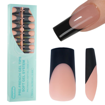 Picture of 150Pcs Black French Gel Nail Tips, Vansiho Long Square Nail Tips, Pre-French Tips Press on Nails Brown, Fake Nails for Nail Art DIY 15 Sizes