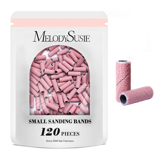 Picture of MelodySusie 120 Pcs Nail Drill Bits Small Sanding Bands for 3.1mm Mandrel Bit, 240 Extreme Fine Grit Nail File for Acrylic Nails Gel Manicures and Pedicure, Pink (Only Sanding Bands)