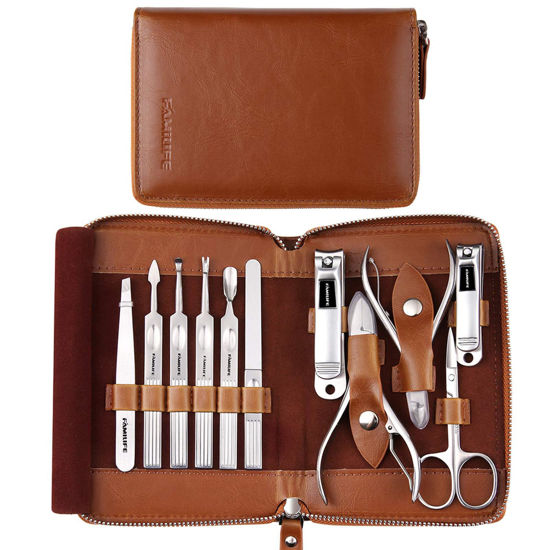 Picture of FAMILIFE Manicure Set, Professional Manicure Kit Nail Clippers Set 11 in 1 Stainless Steel Pedicure Tools Nail Kit Men Grooming Tool with Portable Brown Leather Travel Case Luxury Gifts for Him