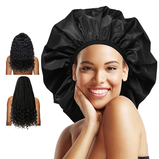 Picture of Auban Extra Large Shower Cap, Double-Layer Waterproof Reusable, XL Satin Lining Shower Bonnet for Women Thick, Long Hair, Locs, Braids(Black)