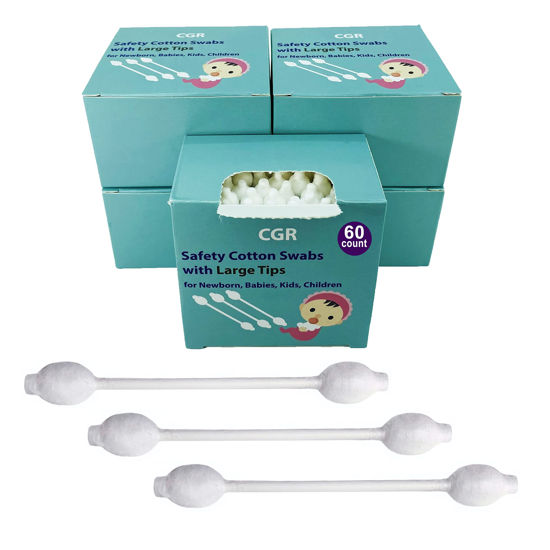 Picture of 300pcs CGR Baby Safety Cotton Swabs with Large Tips for Newborn, Babies, Kids, Children, 100% Organic Cotton, White Paper Sticks, 5 Pack of 60 Swabs Total(5 Paper Boxes)