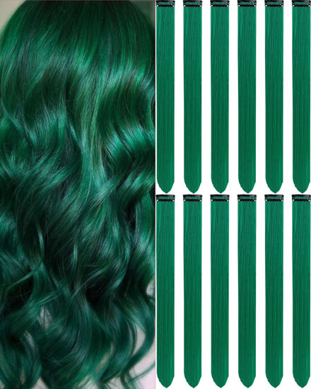 Picture of Olldag 20 Inch Colored Green Hair Extensions Party Highlights Colorful Clip in Hair Extensions Straight Synthetic Hairpieces for Women Kids Girls Halloween Christmas Cosplay (Dark Green)