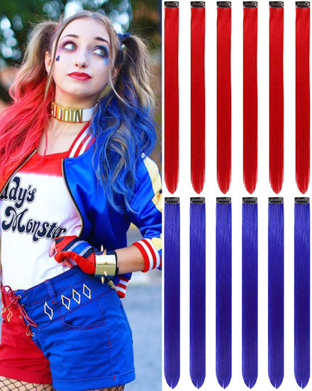 Picture of Red and Blue Hair Extensions Clip in 12 PCS, Olldag Colored Hair Extensions Party Highlights, Colorful Straight Synthetic Hairpiece for Kids Girls Women Halloween Clown Girl Cosplay (20-inch)