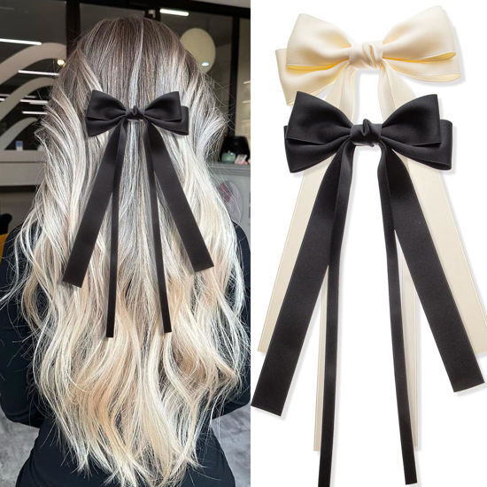 Picture of Seneeel Hair Bows 2 PCS, Ribbon Bow for Women - Hair Bows for Women, Hair Ribbons, Oversized Long-tail Cute Aesthetic Hair Accessories - Beige, Black - 11.8*5.1*0.7 Inches