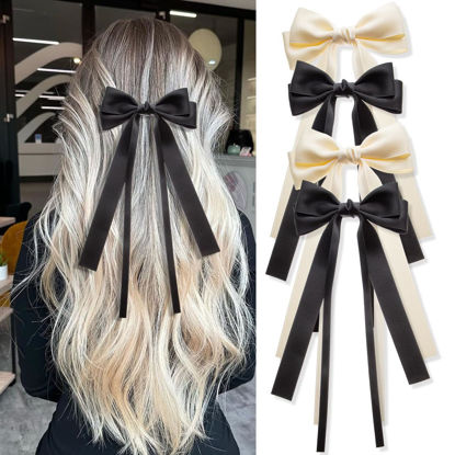 Picture of Hair Bows 4 PCS Ribbon Bow for Women,Hair Bows for Women,Hair Ribbons,Oversized Long-tail Cute Aesthetic Hair Accessories,Large Hair Barrettes for Women（Beige Black）