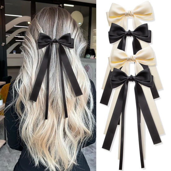 Picture of Hair Bows 4 PCS Ribbon Bow for Women,Hair Bows for Women,Hair Ribbons,Oversized Long-tail Cute Aesthetic Hair Accessories,Large Hair Barrettes for Women（Beige Black）