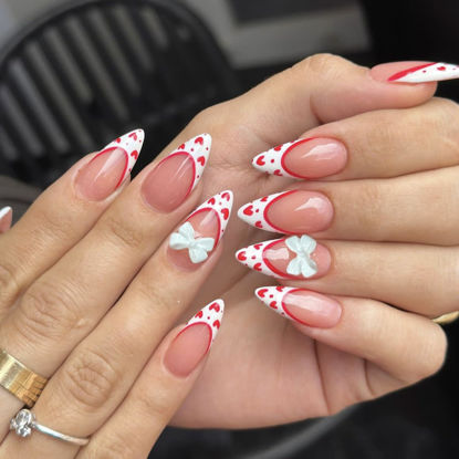 Picture of French Tip Press on Nails Medium Almond Fake Nails with 3D Bow Designs Cute Heart False Nails Glossy Full Cover Glue on Nails Valentines Acrylic Stick on Nails for Women Girls 24 Pcs
