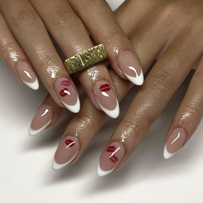Picture of French Tip Press on Nails Medium Almond Fake Nails with Red Lips Designs Gel Glue on Nails Glossy Acrylic Nails White French False Nails Valentine’s Day Stick on Nails for Women Girls 24Pcs