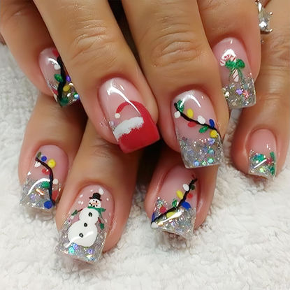 Picture of 24Pcs Christmas Glitter Press on Nails Short Square Snowman French Tip Nude Design Fake Nails Xmas Cute Stick on Nails Winter Holiday Acrylic Glossy False Nails for Women and Girls Glue on Nails