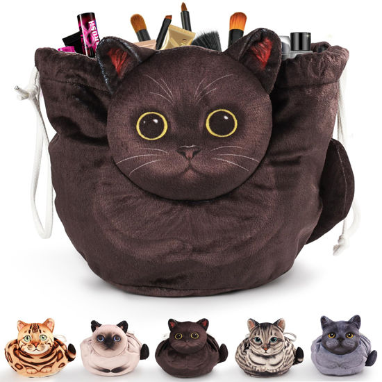 Picture of Openhahaha Drawstring Makeup Bag, Cat Makeup Bag, Travel Makeup Organizer, Cosmetic Pouch Bag, Cat Gift for Women, Lay Flat Makeup Bag Gifts for Cat Lovers