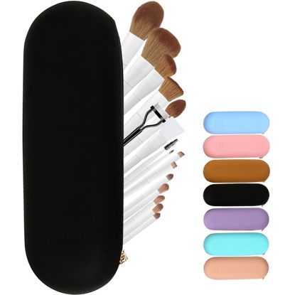 Picture of Meiyuuo Travel Makeup Brush Holder, Large Silicone Brushes Set Protect Cover Bag Small Items Organizer Zipper Closure Pouch, Waterproof Cute Case for Daily， Work Gift for Her Black