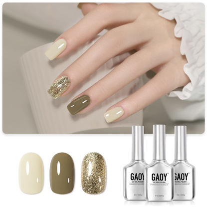 Picture of GAOY Gel Nail Polish Kit, 3 Colors 16ml Moss Green Gold Glitter, Soak Off UV Gel Polish Set - Moss Carpet