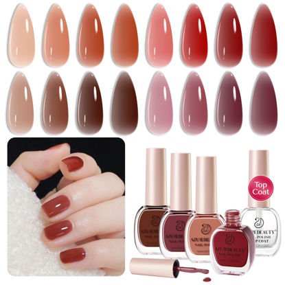 Picture of AZUREBEAUTY Jelly Nail Polish 4 Colors Sheer Red Quick Dry Nail Polish Set Natural Brown Purple Nail Polish Kit with Top Coat Transparent Long Lasting Nail Art Gift Women
