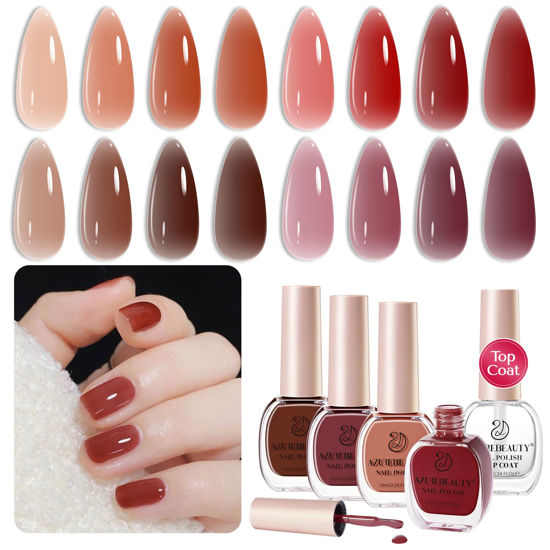 Picture of AZUREBEAUTY Jelly Nail Polish 4 Colors Sheer Red Quick Dry Nail Polish Set Natural Brown Purple Nail Polish Kit with Top Coat Transparent Long Lasting Nail Art Gift Women