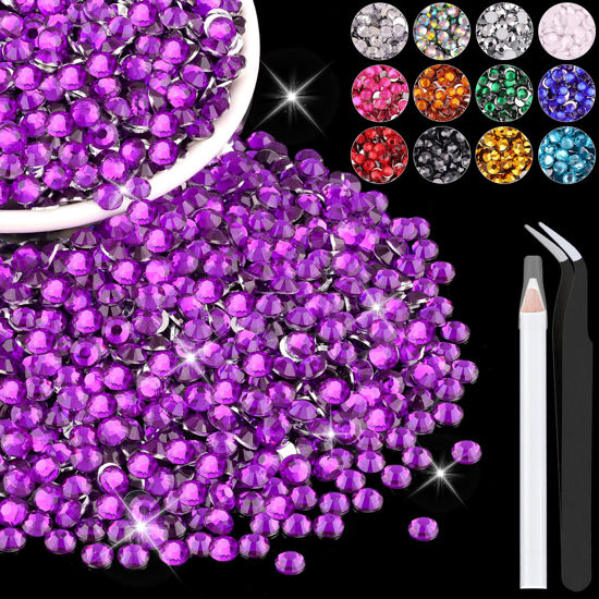 Picture of 4000PCS 4mm Resin Rhinestones in Bulk (Dark Violet), Bedazzling Flatback Crystals for Crafts DIY Nail Decoration, Gems Charms for Tumbler Shoes Clothing Fabric with Pickup Pen and Tweezers