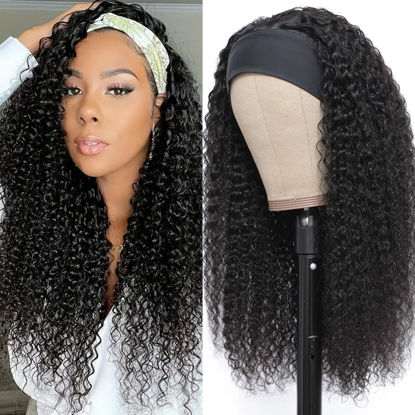 Picture of Headband Wig Human Hair Kinky Curly Brazilian Virgin Curly None Lace Front Wigs for Black Women Headband Wig Human Hair Scarf No Gel Gluelees Remy Hair Natural Color (Headband Wig, 28inch)