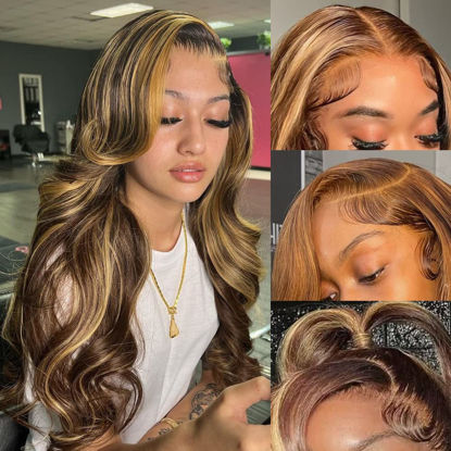 Picture of KeaBalo Highlight Ombre Lace Front Wigs Human Hair Pre Plucked with Baby Hair 13x4 Body Wave Frontal Wigs Human Hair 180% Density 4/27 Colored Honey Blonde Lace Front Wig Human Hair for Women 26 Inch