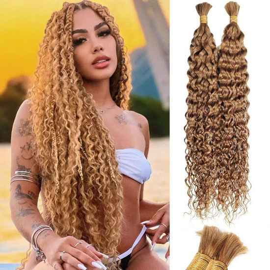 Picture of Blonde Human Braiding Hair Water Wave Bulk Human Hair 100g 16 Inch Color 27 Curly Human Hair for Boho Braids Hair Extensions No Weft 2 Braids Per Pack Wet and Wavy Human Hair Braiding Hair